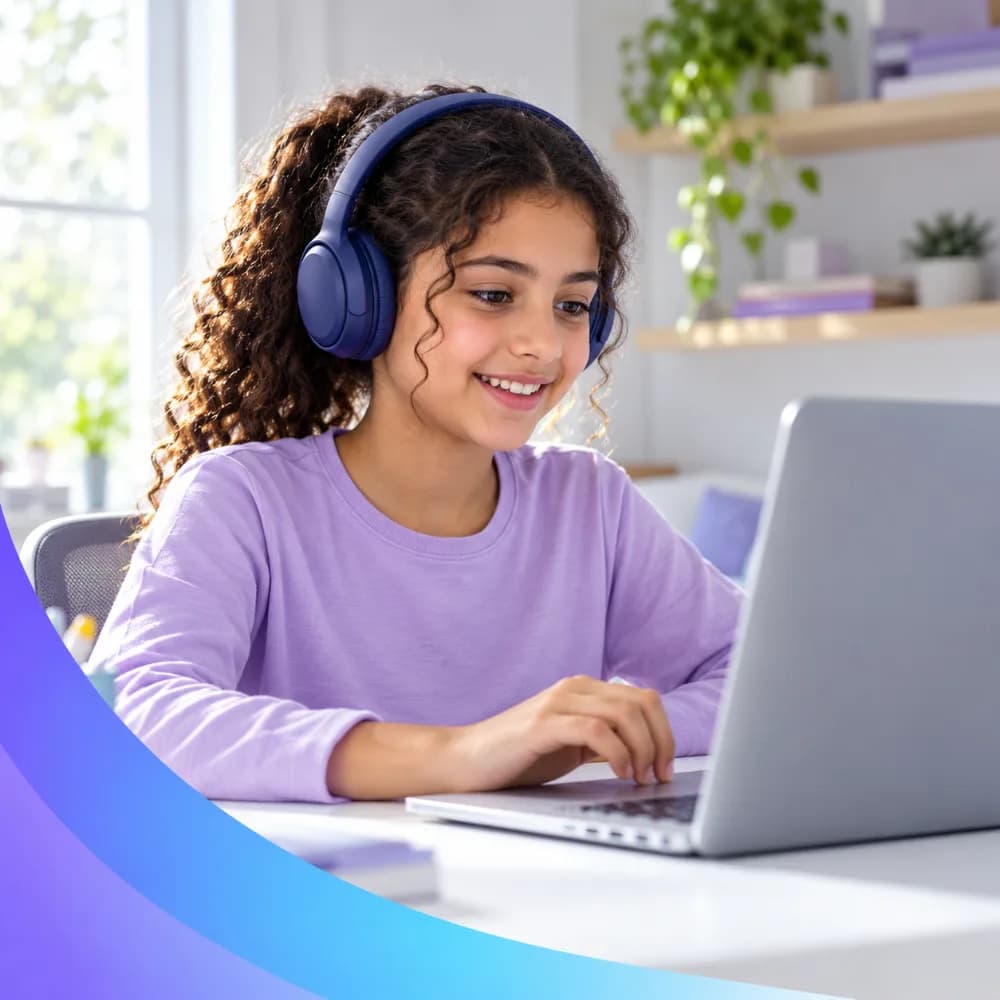 بنت لابسة سماعة وبتتابع حصة أونلاين على لابتوب في البيت